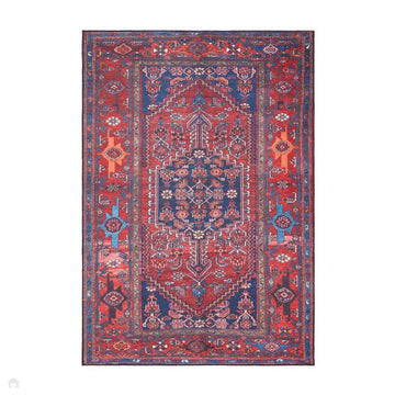 Washable Kashmar 2017 Traditional Persian Heriz Medallion Border Soft Digitally Printed Lightweight Textured Polyester Flatweave Deep Crimson Red/Rust Red/Navy/Ivory/Grey/Orange Rug-Think Rugs-Rug Love - The Most Loved Rug Store